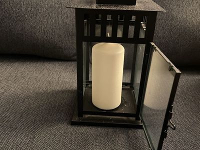 Black Metal & Glass Decorative Candle Lantern with White Pillar Candle - Indoor/Outdoor Decor