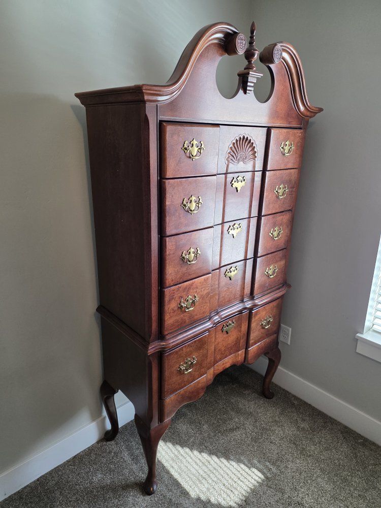 Vintage Solid Queen Anne Wood Highboy Dresser Cherry Finish Carved Details & Brass Hardware