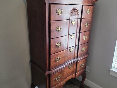 Vintage Solid Queen Anne Wood Highboy Dresser Cherry Finish Carved Details & Brass Hardware
