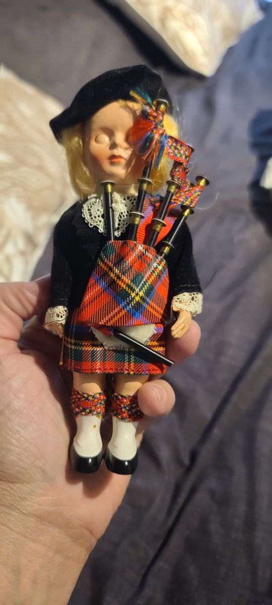 Vintage Scottish Girl With Bagpipes Made in England Souvenir Doll Hard Plastic 