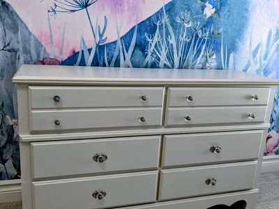 Pearl White French Dovetail 6-Drawer Dresser w/ Crystal Knobs