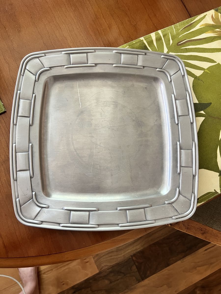 Longaberger Metal Pewter-Tone Square Woven Pattern Serving Tray Platter