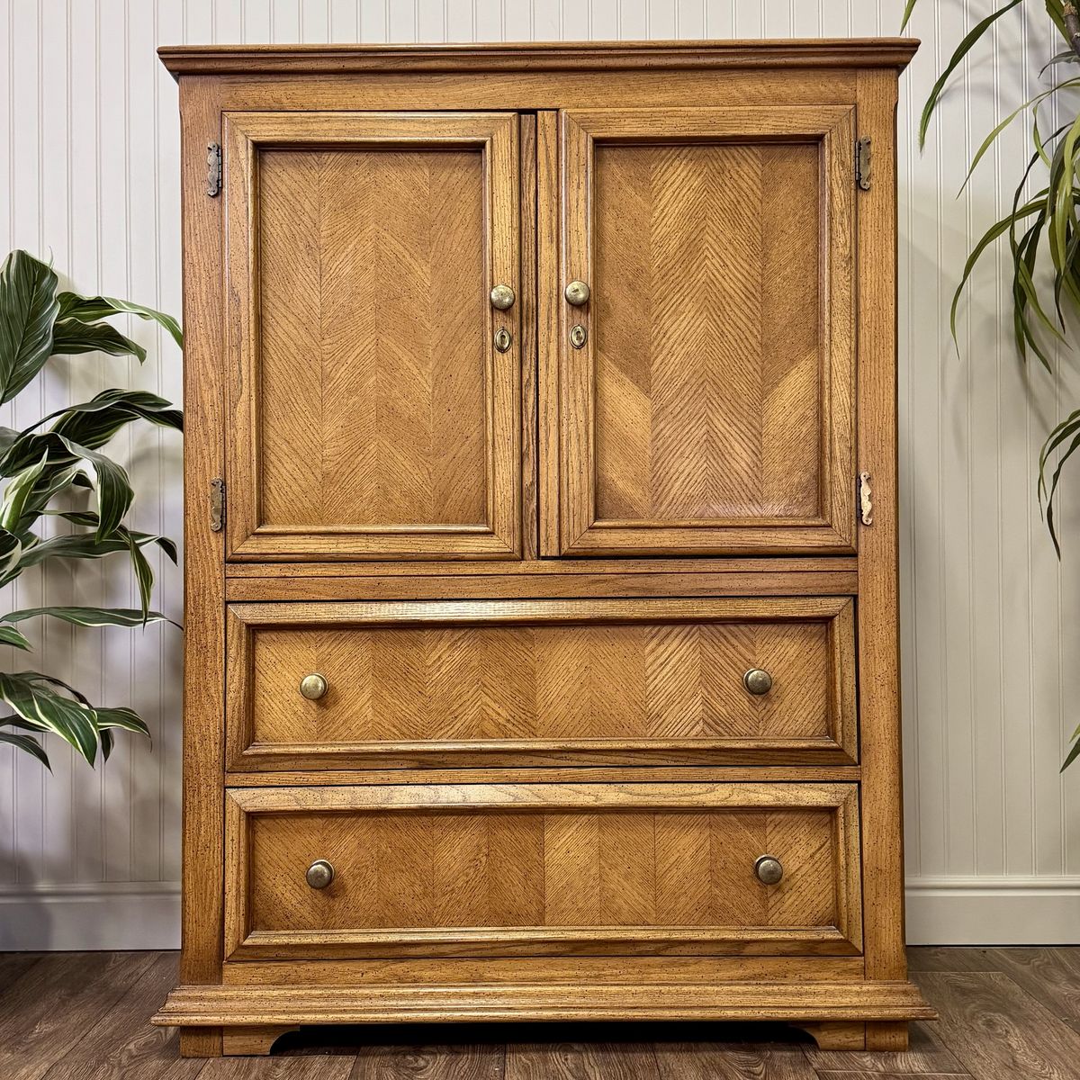 Vintage Herringbone Parquet Oak Highboy Dresser