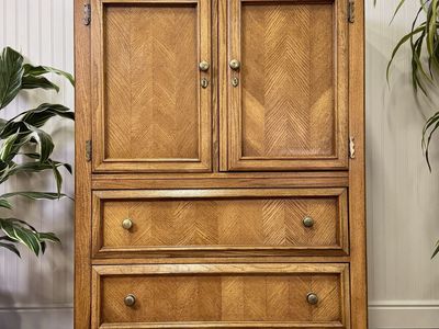 Vintage Herringbone Parquet Oak Highboy Dresser