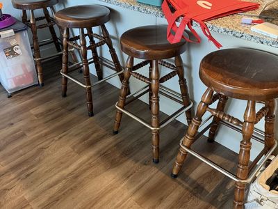 Set of 4 Wooden Swivel Bar Stools with Metal Footrests - Dark Wood Kitchen Counter Height
