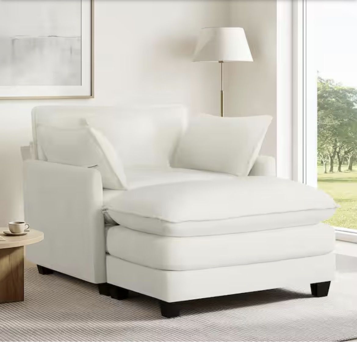 NEW White Fabric Oversized Chaise Lounge Armchair with Accent Pillows