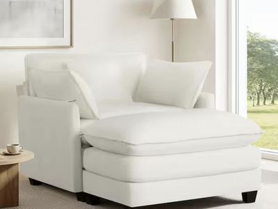 NEW White Fabric Oversized Chaise Lounge Armchair with Accent Pillows