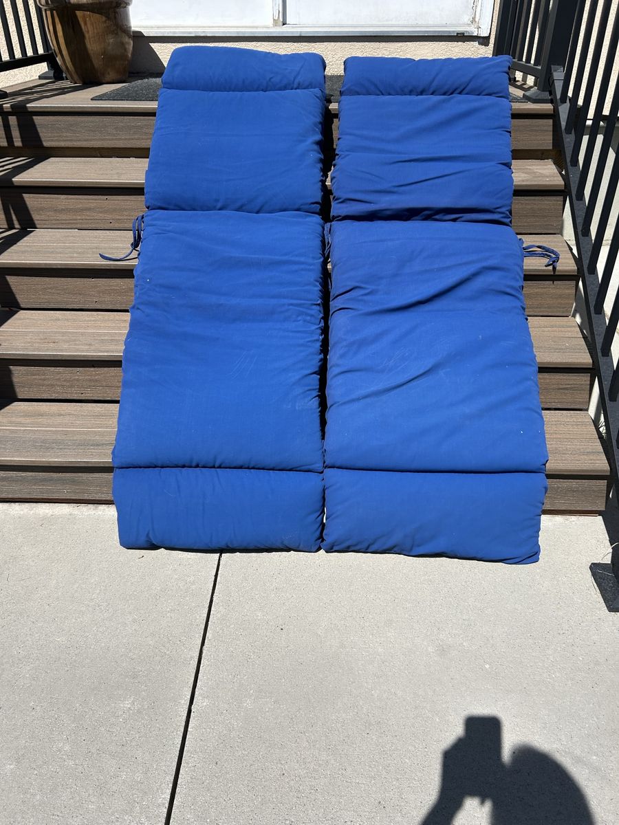 2 Used Blue Outdoor Patio Chaise Lounge Cushions, Water-Resistant, UV-Protected