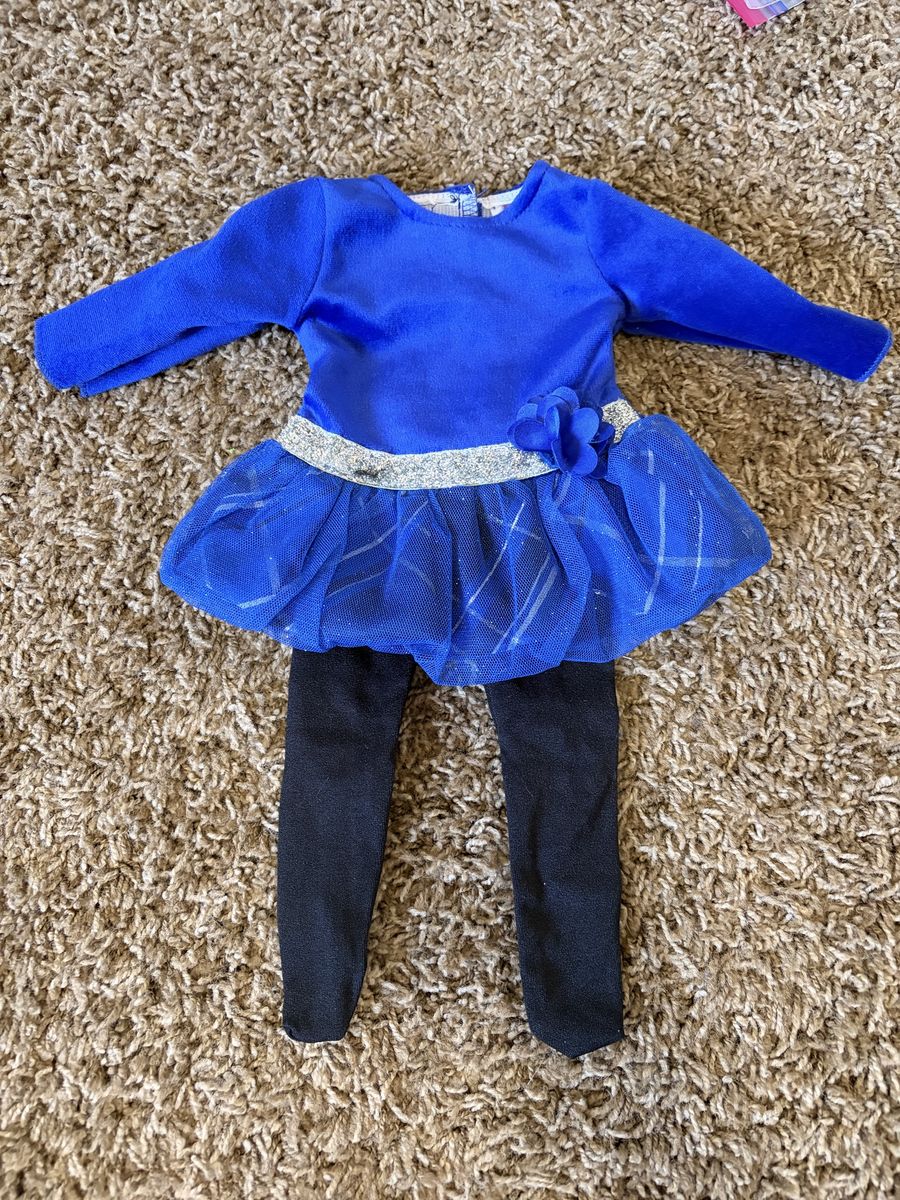 18” Doll Clothes Lot: Blue Dress, Black Leggings, Tropical Outfit w/ Binoculars and PJ Set