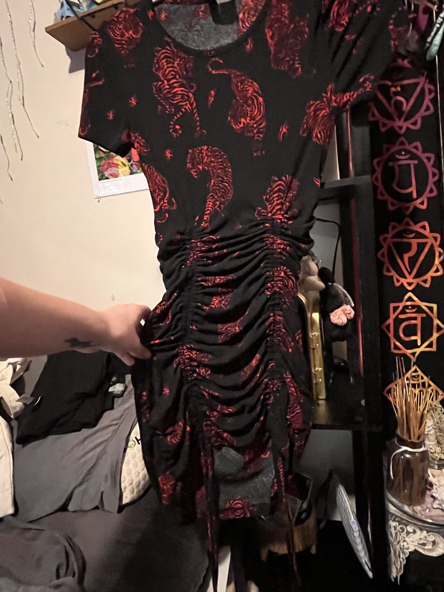 Black & Red Tiger Print Ruched Bodycon Mini Dress Ravewear - Size S