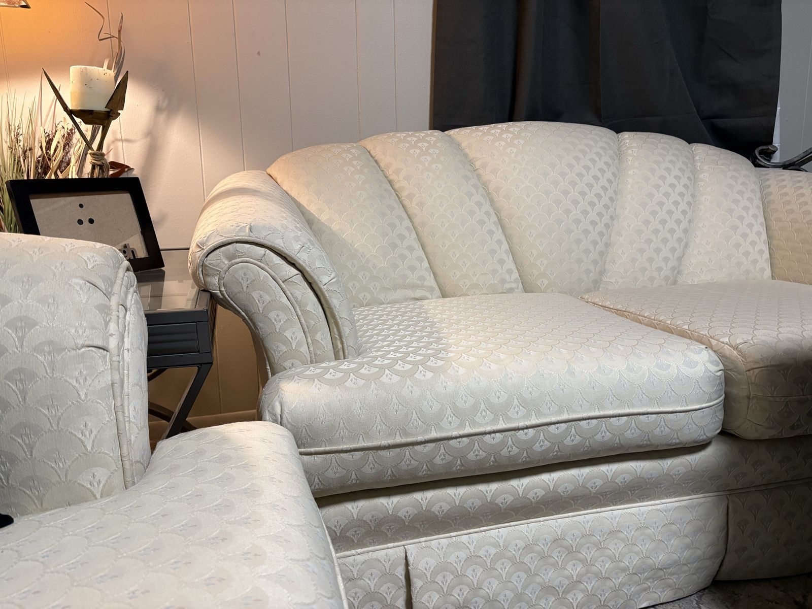 Vintage Ivory Shell Back Sofa & Loveseat Set - Art Deco Style, Off-White Fabric Couch and loveseat