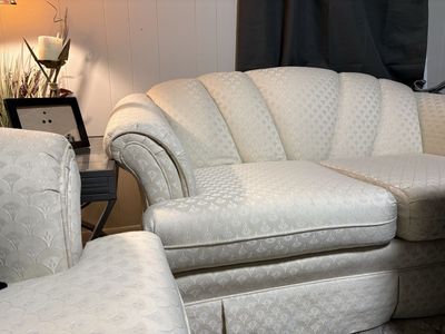 Vintage Ivory Shell Back Sofa & Loveseat Set - Art Deco Style, Off-White Fabric Couch and loveseat