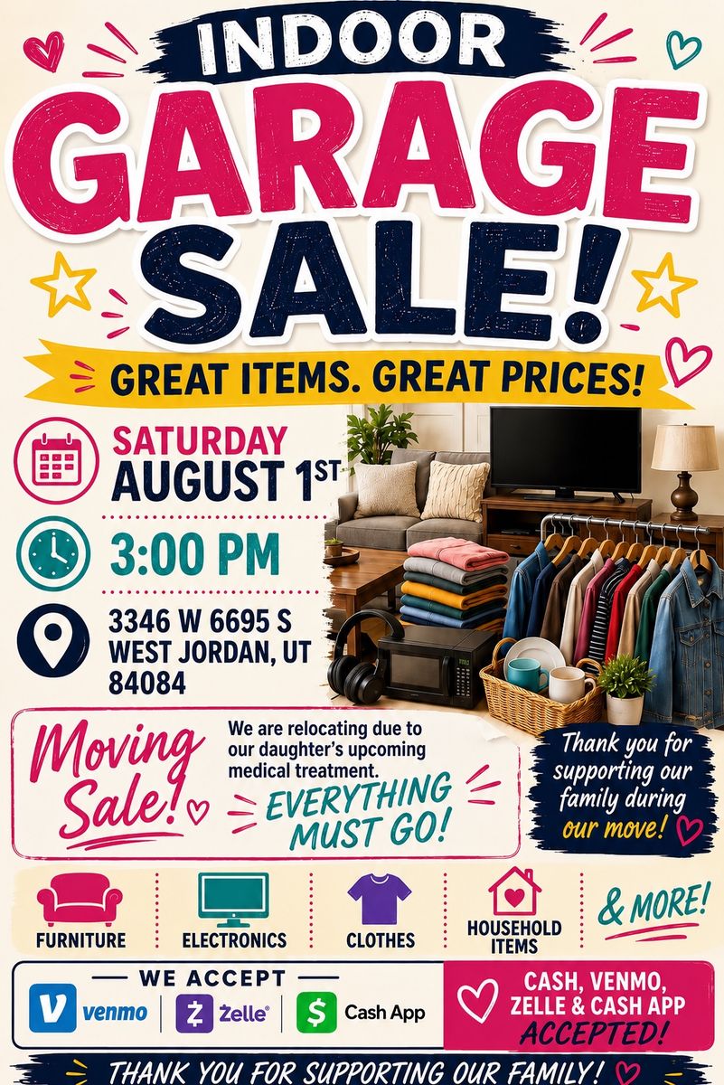 Indoor Moving Garage Sale: Furniture, Electronics, Clothes, Household Items & More!