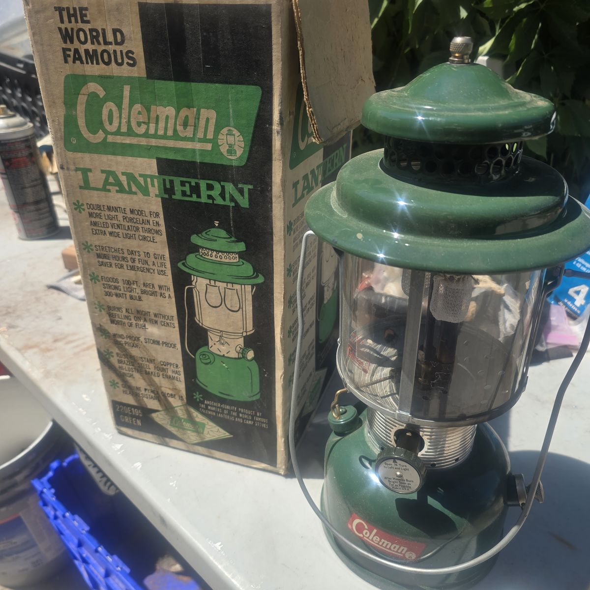Vintage Coleman 220E195 Green Double Mantle Camping Lantern with Original Box