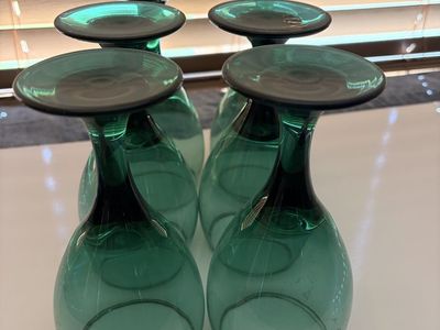 Vintage Green Glass Stemmed Goblets / Wine Glasses - Set of 6