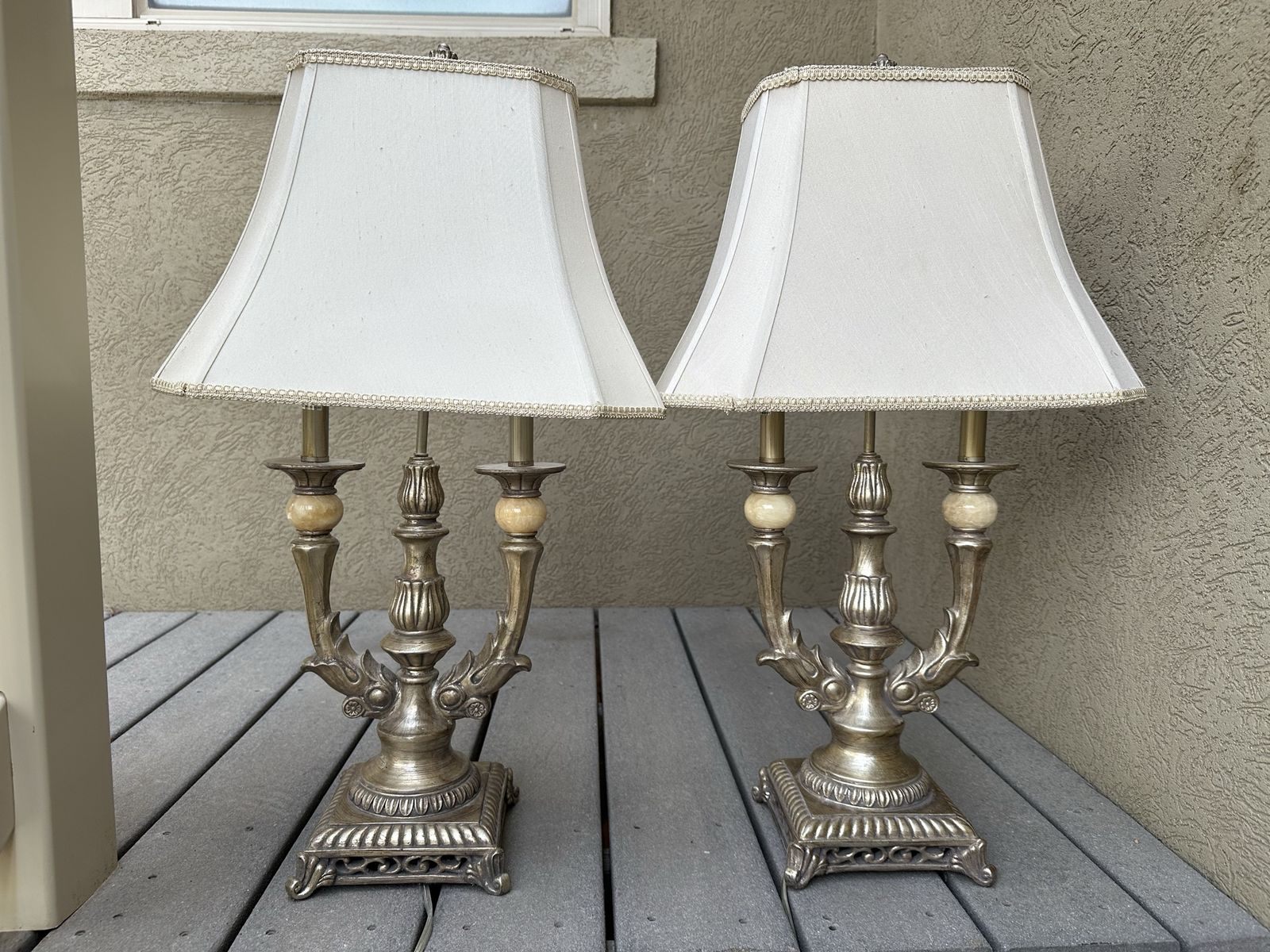 Pair of Ornate Silver Table Lamps with Marble Accents and Shades. 16” w 28.5” tall