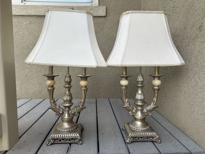 Pair of Ornate Silver Table Lamps with Marble Accents and Shades. 16” w 28.5” tall