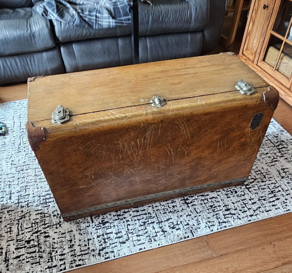 Antique Wooden Car Trunk - Vintage Auto Travel Storage with Metal Accents