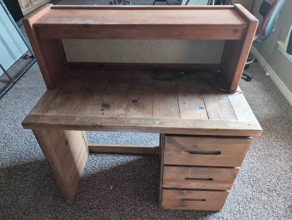 Rustic Wooden Desk with Upper Hutch Shelf and 3 Drawers