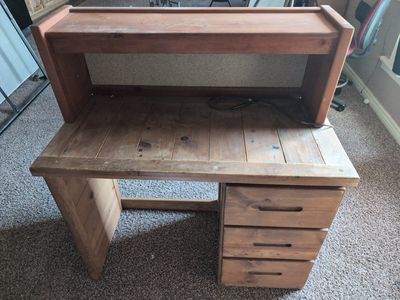 Rustic Wooden Desk with Upper Hutch Shelf and 3 Drawers