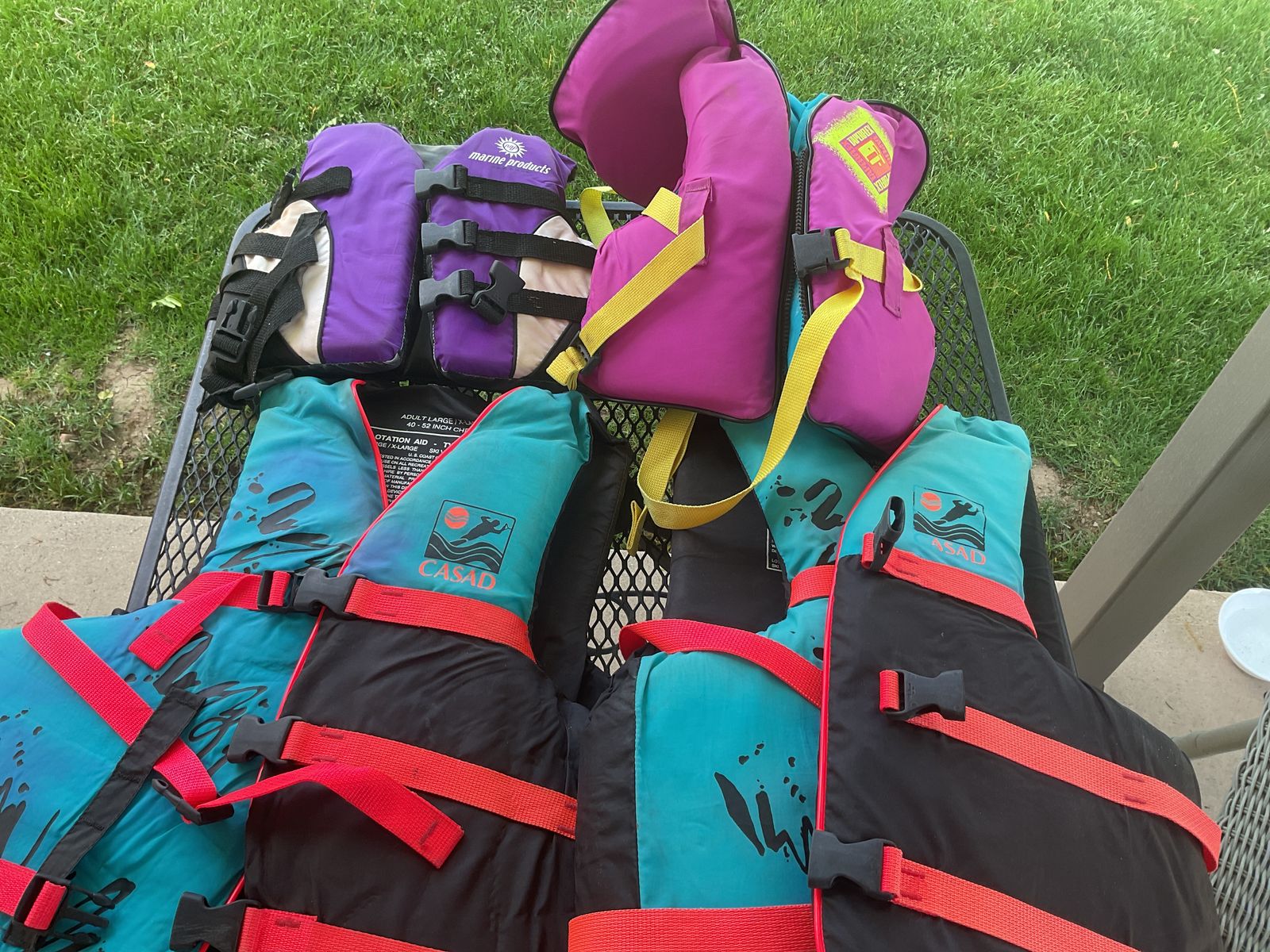 Life Jackets- Infant/ Child small, Child 30-50 Lbs, Adult Small, Adult Large