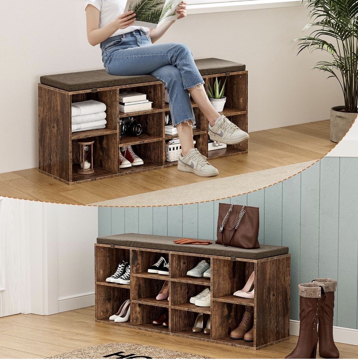 Shoe Bench, Storage Bench with Padded Seat, 10 Cubbies Storage Entryway Bench (Brand New In Box)