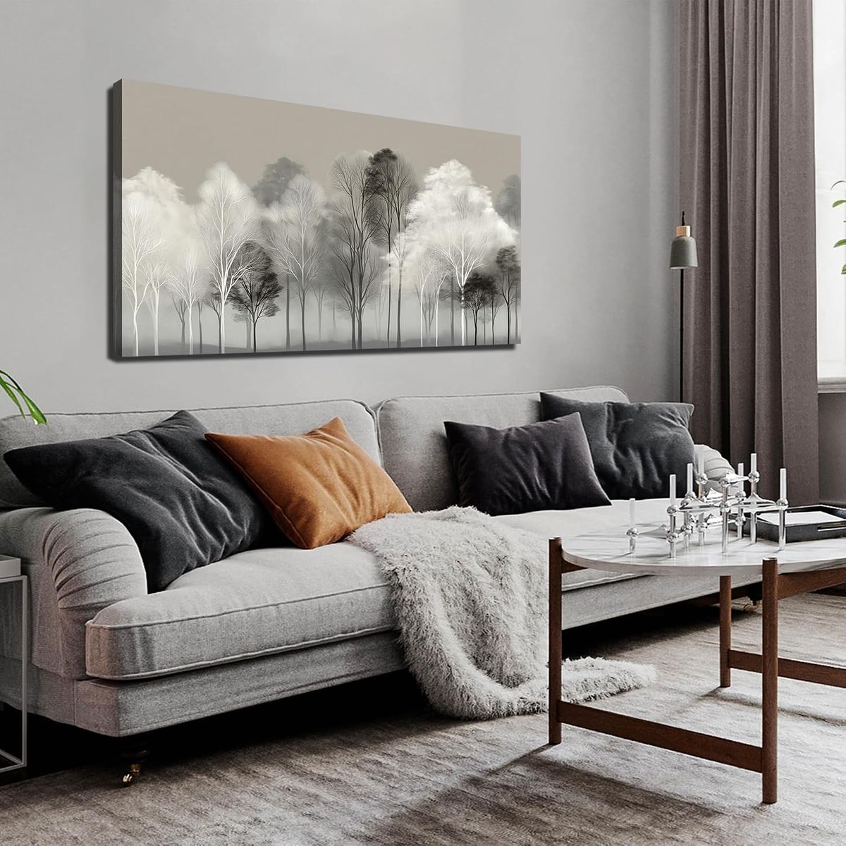 NEW 24x48 Black and White Tree Wall Art for Living Room Large Landscape Modern Artwork Gray Forest