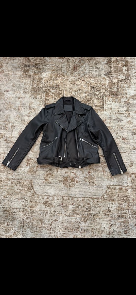 Women's AllSaints Black Leather Motorcycle Jacket - US 8 with Zip Details and Belt