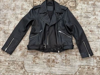 Women's AllSaints Black Leather Motorcycle Jacket - US 8 with Zip Details and Belt