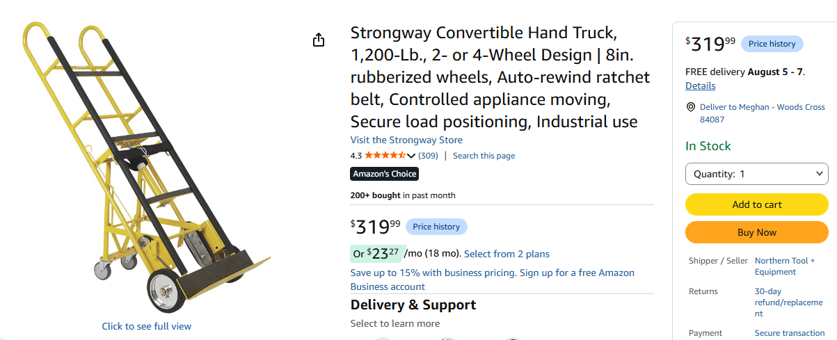 New Strongway Appliance Hand Truck 1,200-Lb. - 2 or 4 Wheel | 8in. Rubber wheels, Auto-rewind ratchet belt