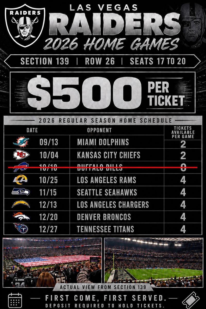 Las Vegas Raiders 2026 Home Game Tickets - Section 139, Row 26