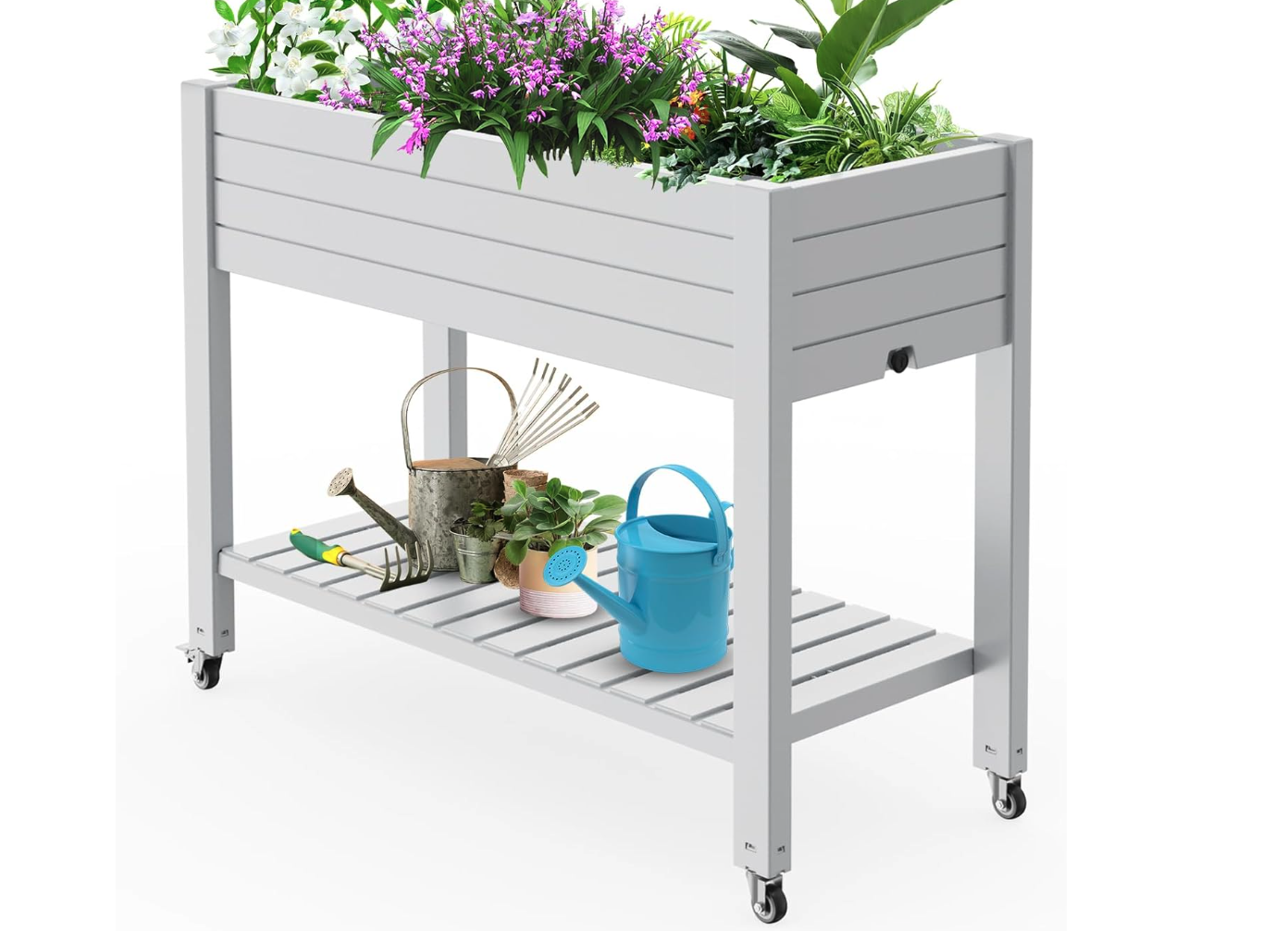 New in Box 33.7" Tall Raised Garden Bed Outdoor with Wheels & Shelf, Divisible Resin Planter Box