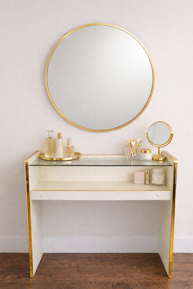 Vintage Cream Vanity and Large Round Brass Mirror (30") Set Glass Top