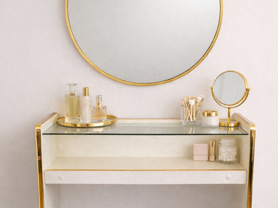 Vintage Cream Vanity and Large Round Brass Mirror (30") Set Glass Top