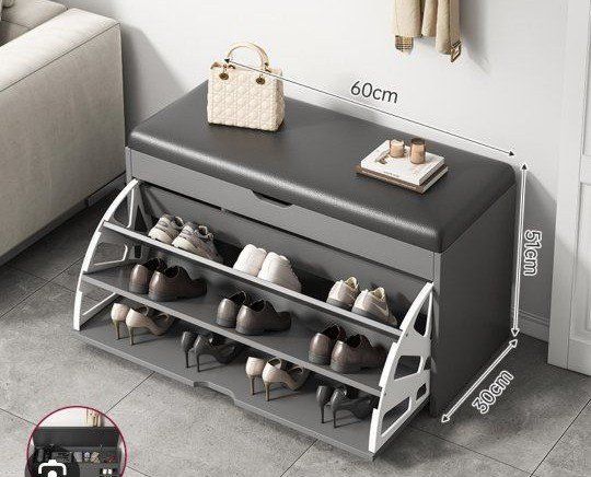 Fukayi 60*30*51CM Shoe Bench with Storage and Tiered Shoe Rack - Gray/White