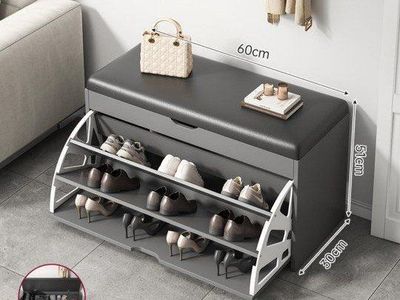 Fukayi 60*30*51CM Shoe Bench with Storage and Tiered Shoe Rack - Gray/White