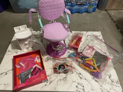 Multiple Sets!! Our Generation Salon Chair & lots of Accessories for 18" Dolls, Hairdresser outfit (new), spa set & more!