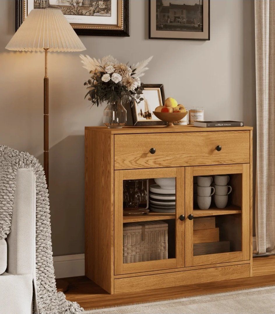 Oak Finish Farmhouse Buffet Cabinet with Glass Doors & Drawer - 31.5" W x 31.5" H