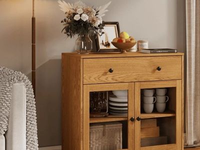 Oak Finish Farmhouse Buffet Cabinet with Glass Doors & Drawer - 31.5" W x 31.5" H