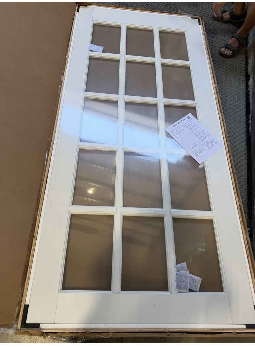 36" x 80" Clear Glass Slab Door, 15-Lite Glass French Interior Door, Pre-Finished Paintable Single Panel