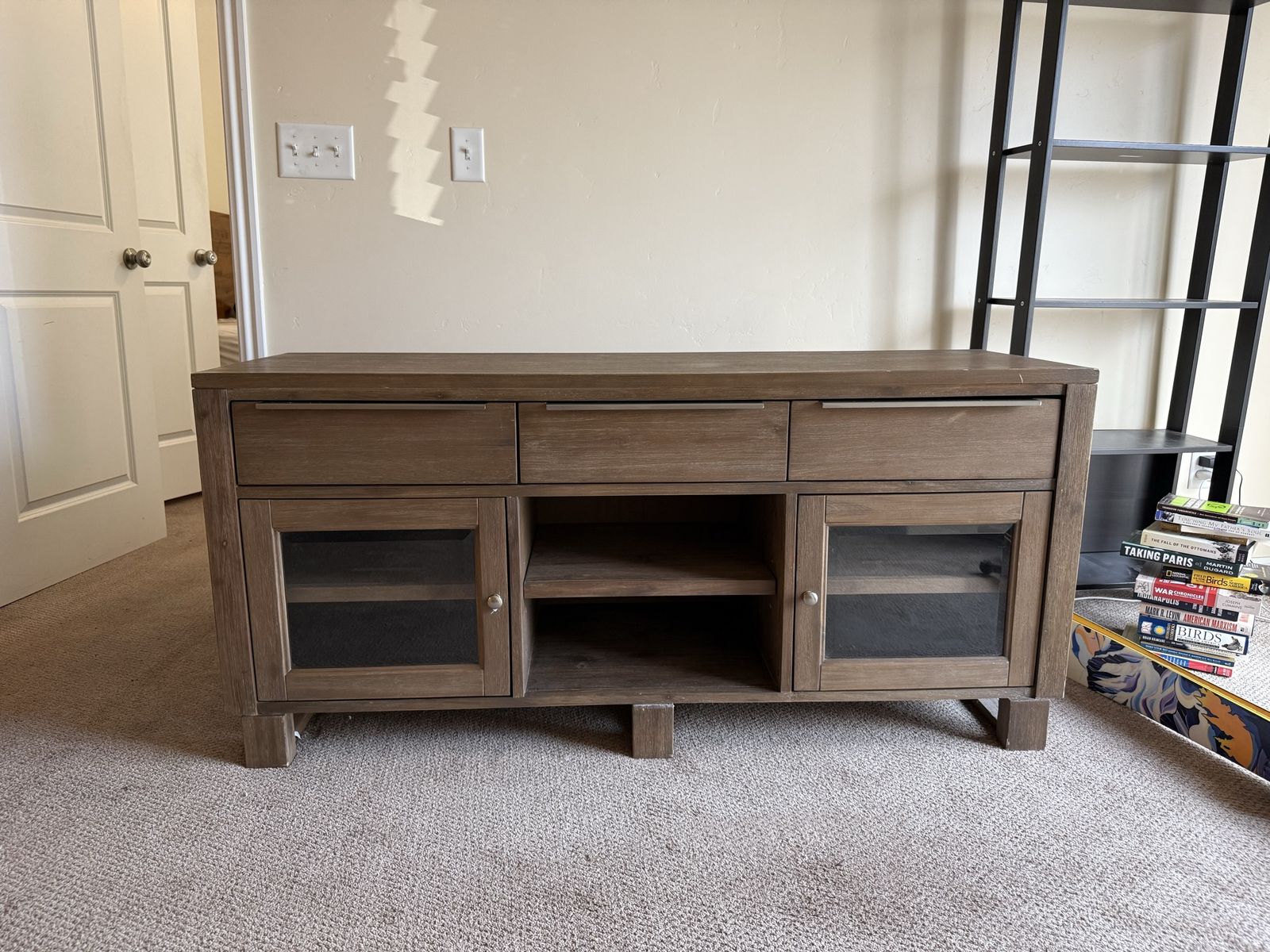 Rustic Oak Media Console TV Stand with Drawers and Glass Cabinets