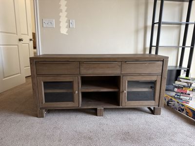 Rustic Oak Media Console TV Stand with Drawers and Glass Cabinets