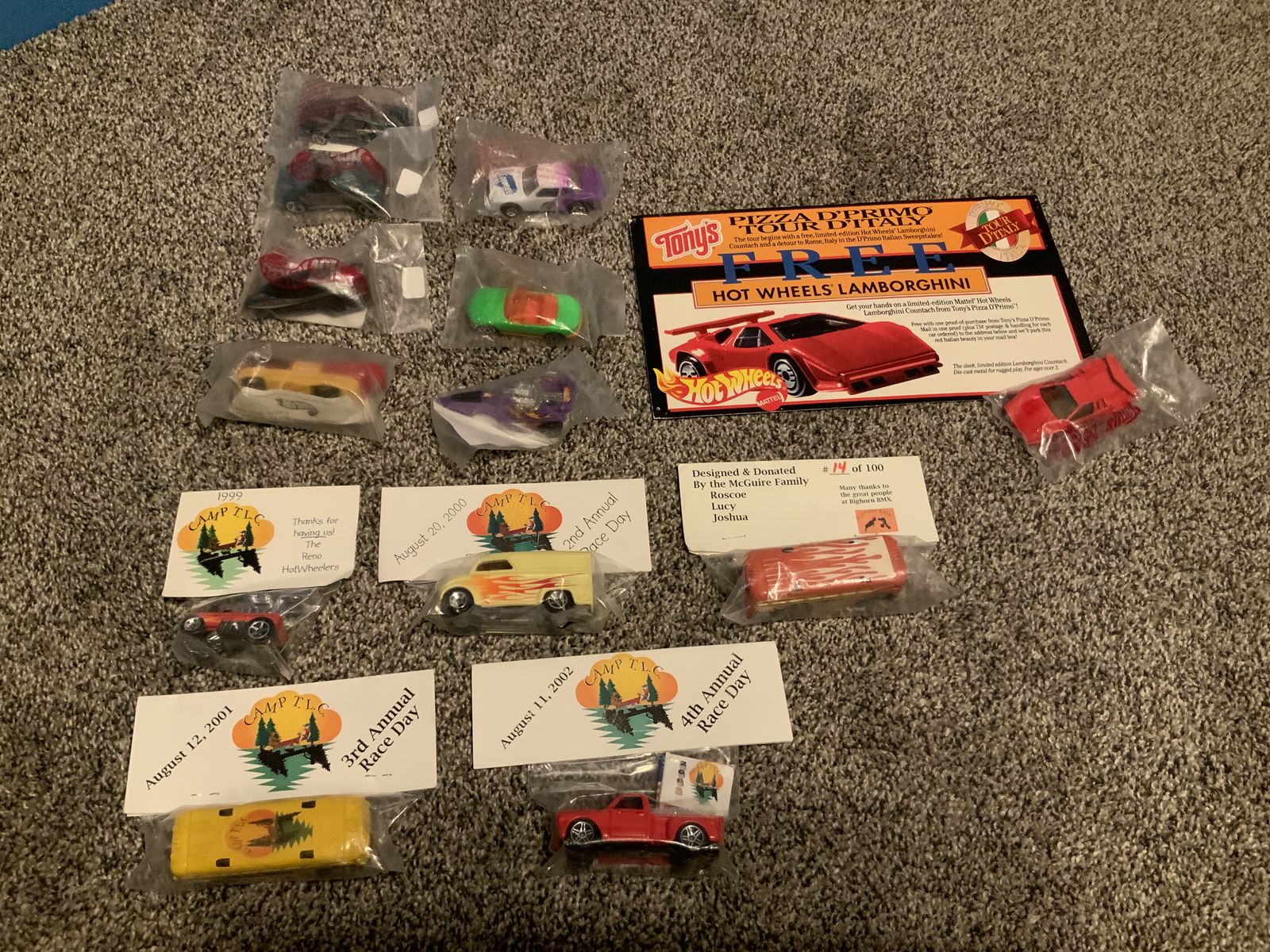 Hot Wheels, unopened in original baggies and Custom Camp TLC cars