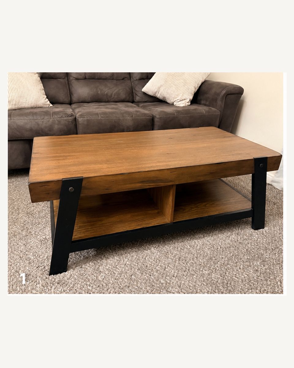Rustic Industrial Coffee Table – Wood + Black Metal – Large Storage Shelf