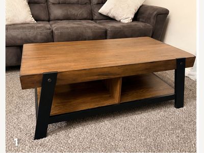 Rustic Industrial Coffee Table – Wood + Black Metal – Large Storage Shelf