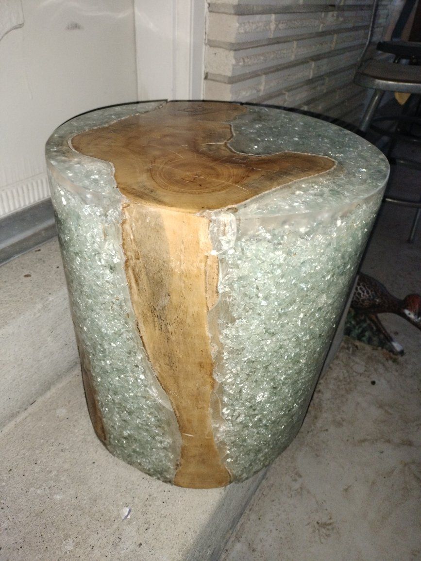 Resin and Wood Stump Accent Side Table with Crushed Glass Inlay