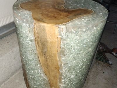 Resin and Wood Stump Accent Side Table with Crushed Glass Inlay