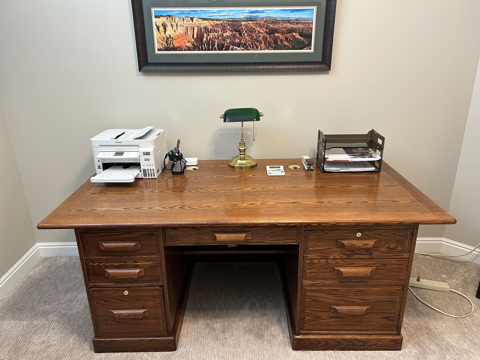 Solid Wood Executive Computer Desk & Matching File Cabinet - Dark Oak Finish w/ Storage