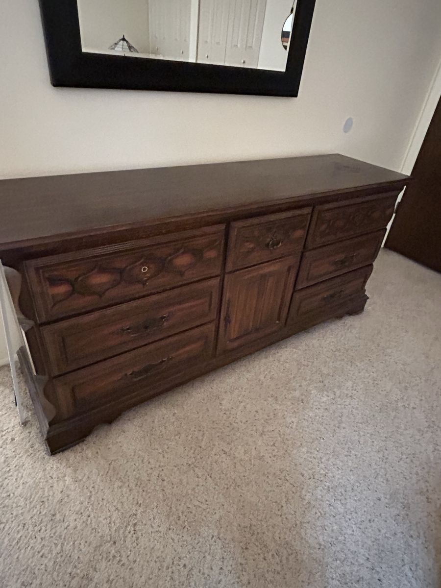 Vintage Dark Wood Dresser with 7 Drawers and Central Cabinet Storage