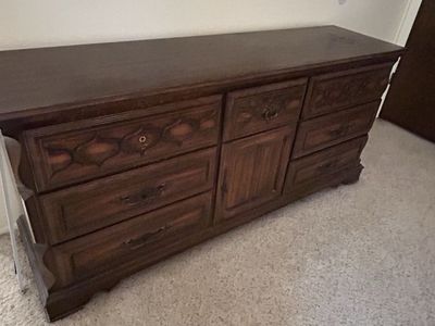 Vintage Dark Wood Dresser with 7 Drawers and Central Cabinet Storage